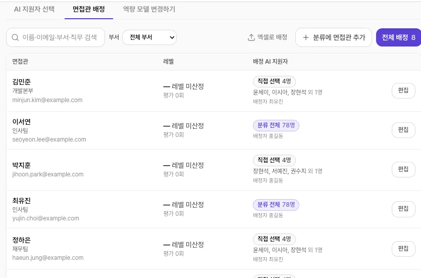 면접관에게 AI 지원자를 배정하는 화면